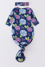 Load image into Gallery viewer, Navy floral print bamboo baby gown