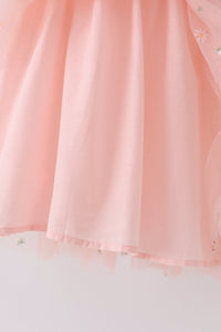 Pink strap daisy embroidery tulle dress