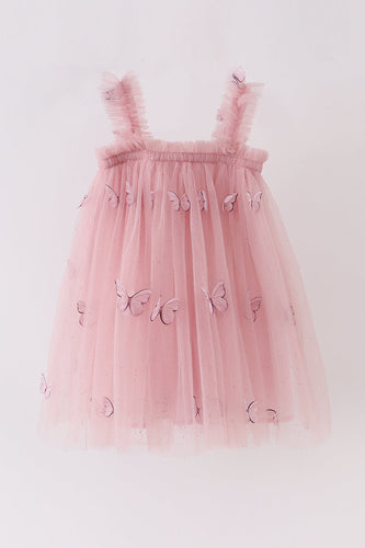 Peach strap butterfly embroidery tulle dress