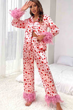 Load image into Gallery viewer, Pink valentine&#39;s day heart print fur trim pajamas set for Women