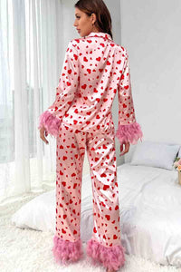 Pink valentine's day heart print fur trim pajamas set for Women