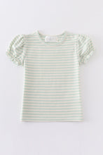 Load image into Gallery viewer, Platinum green stripe puff sleeve girl top
