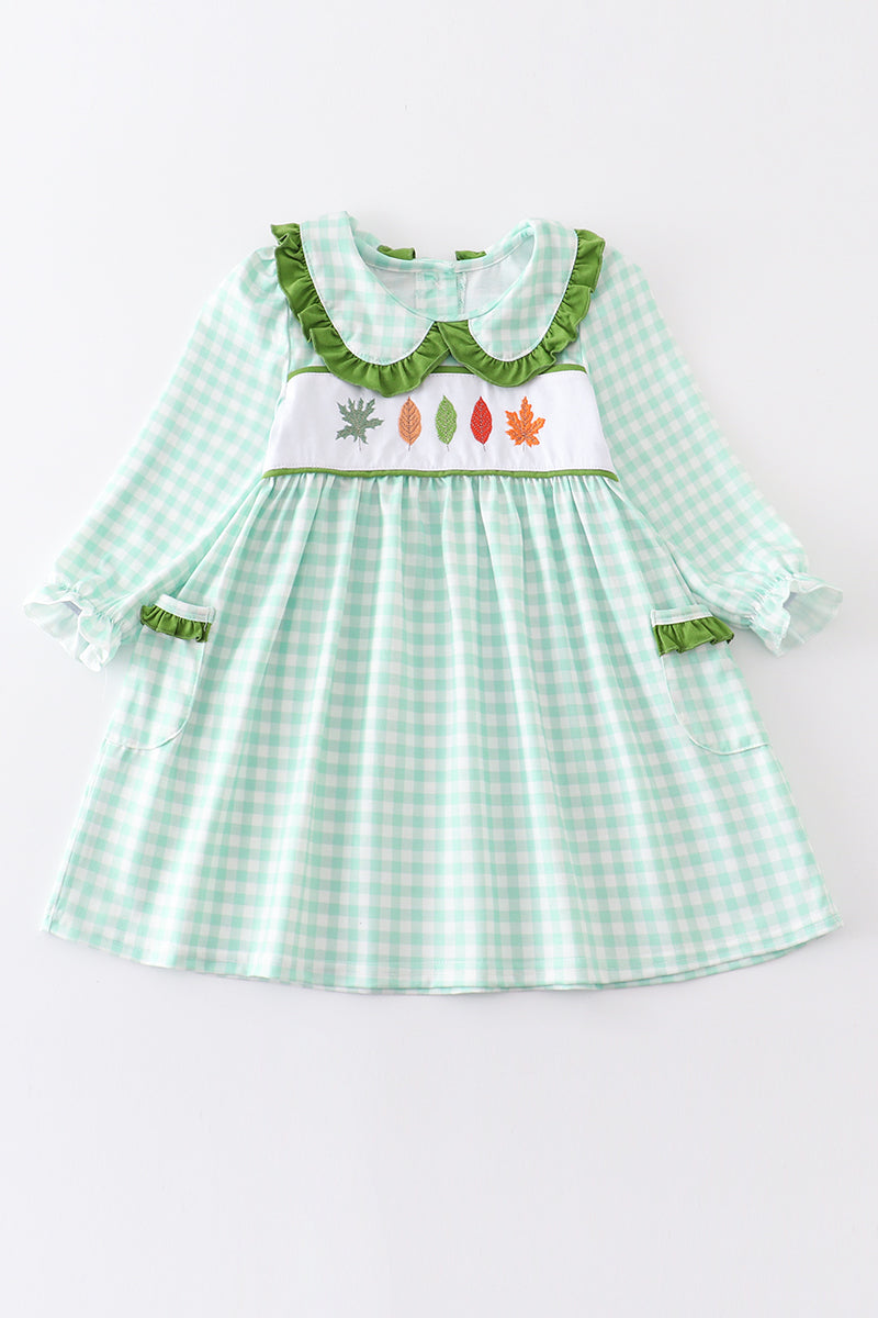 Green plaid leaf embroidery dress
