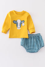 Load image into Gallery viewer, Mustard cow applique baby bloomers set