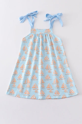 Blue sailboat print girl dress